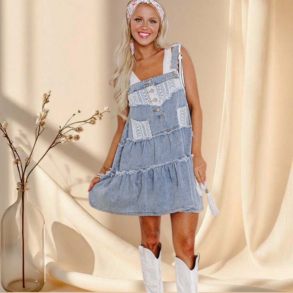 POL Denim Overall Dress Bohemian Frayed Details - Picture 1 of 10